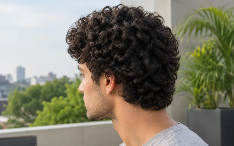 3B curly hair on a man, shown in side profile with defined dark curls.
