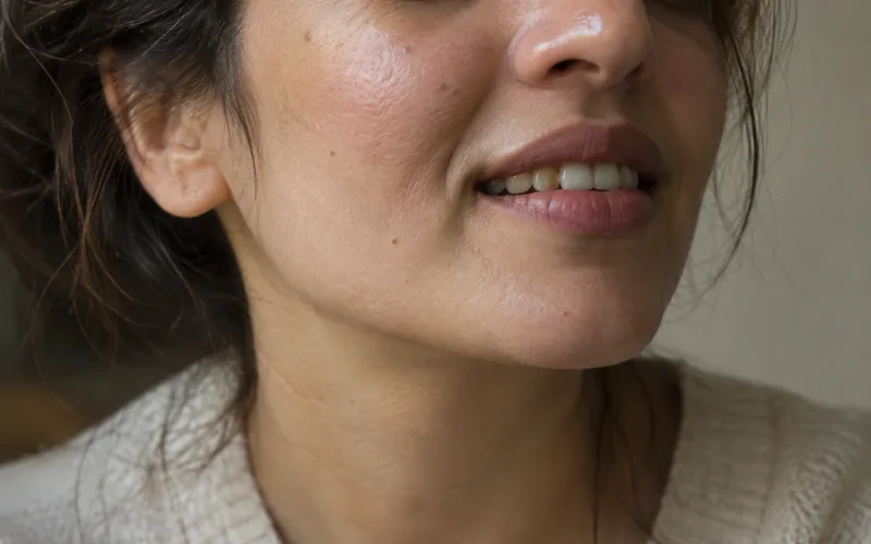 Close-up of discolored tooth and jawline showing effects of oral habits on smile.