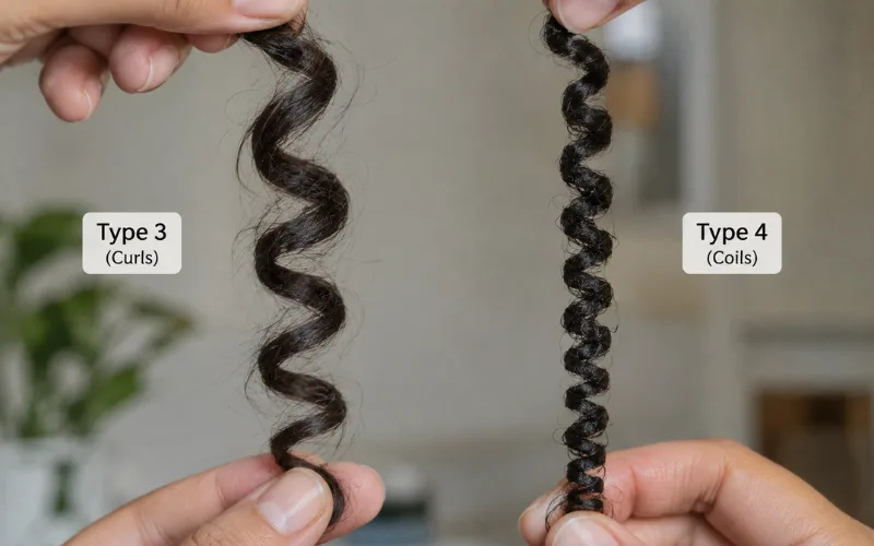Side-by-side comparison of a stretched Type 3 curl and Type 4 coil.