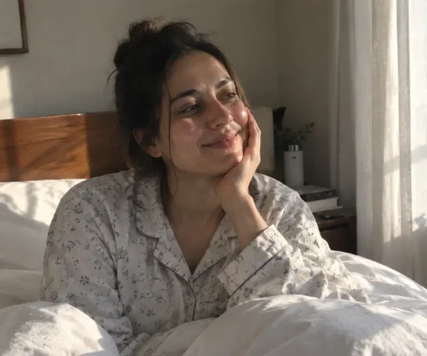 Woman sitting in bed wearing floral pajamas, smiling in soft morning sunlight.