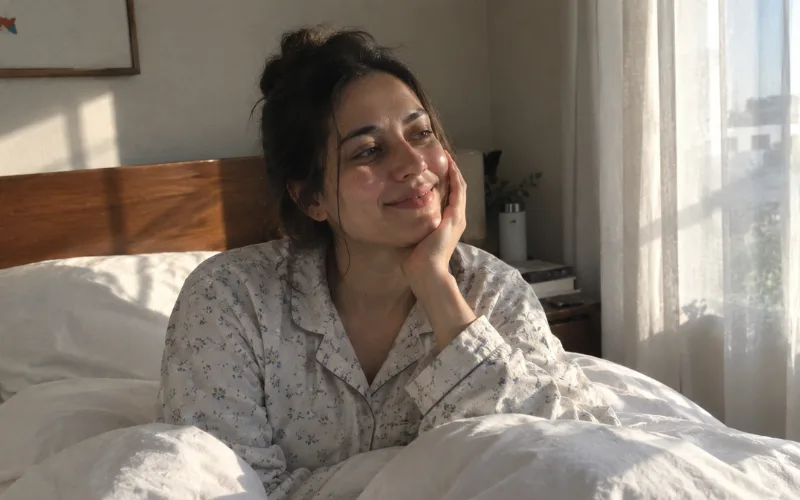 Woman sitting in bed wearing floral pajamas, smiling in soft morning sunlight.