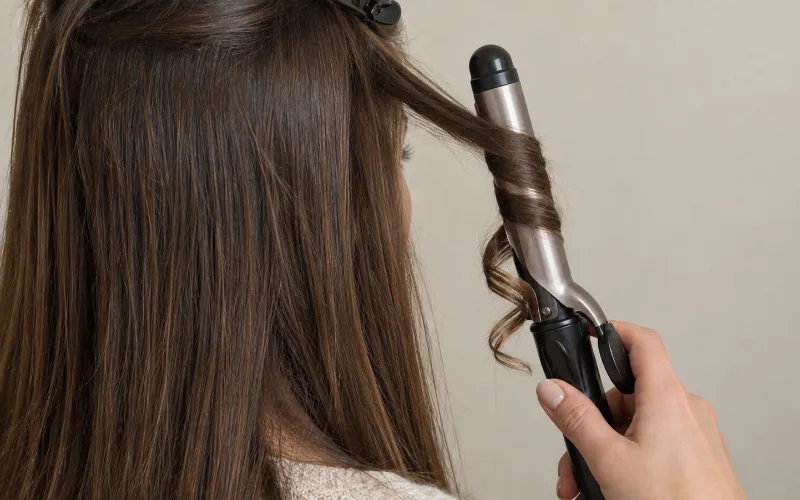 Woman curling a section of her straight brown hair with a curling iron.