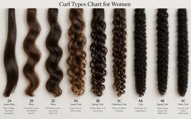 Curl Types Chart for Women showing nine hair swatches labeled 2A to 4C with descriptions.