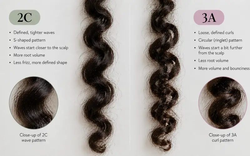 Comparison of 2C wavy hair and 3A curly hair strands with close-up insets and key differences listed.