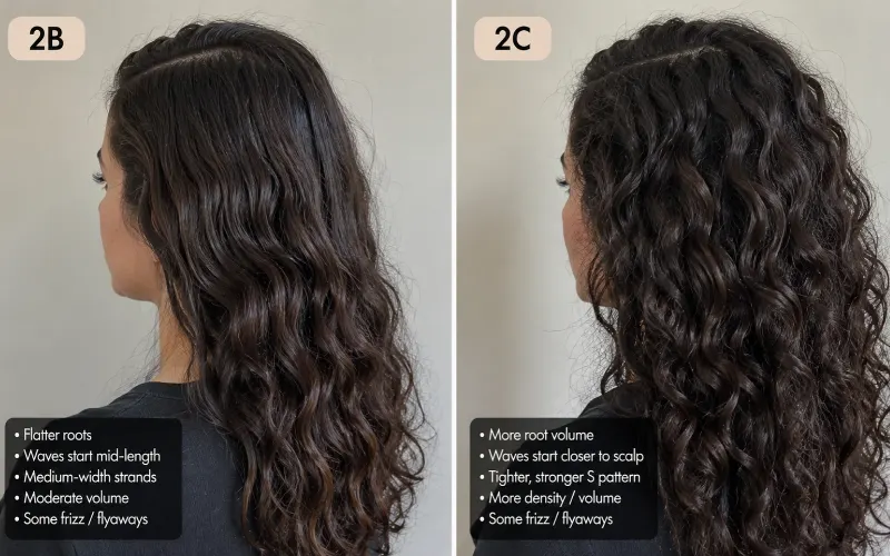 Side-by-side comparison of 2B and 2C wavy hair types with key texture differences listed.
