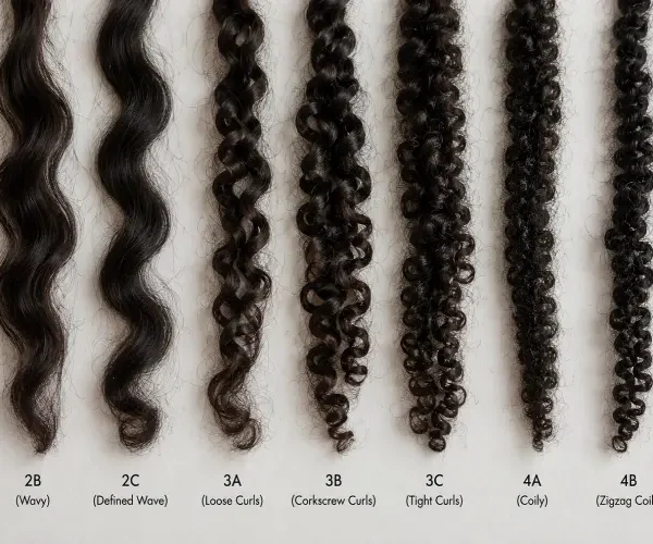 Nine hair swatches labeled 2A to 4C showing wave, curl, and coil patterns.