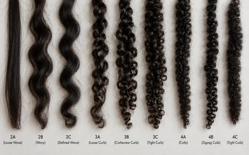 Nine hair swatches labeled 2A to 4C showing wave, curl, and coil patterns.