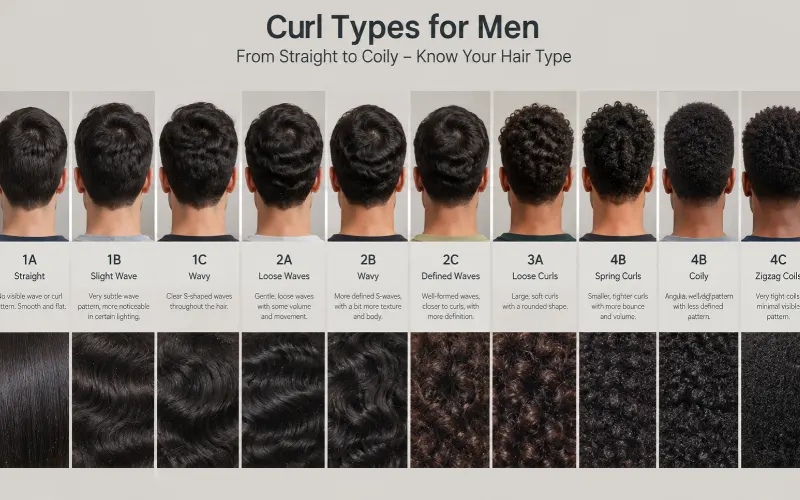 Curl Types for Men chart showing 10 back-of-head photos labeled 1A to 4C with texture close-ups.