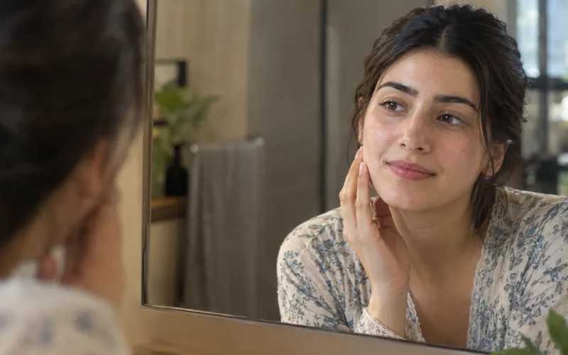 Woman looking at herself in a bathroom mirror with natural skin texture.