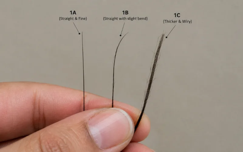 Fingers holding three hair strands labeled 1A, 1B, and 1C showing straight to wiry texture.