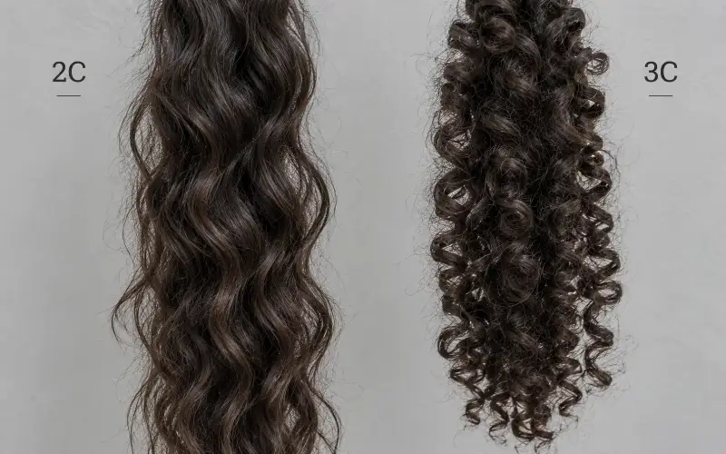 Side-by-side comparison of 2C wavy hair and 3C tight curls in dark brown.