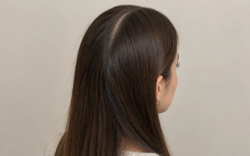 Back view of a woman with long, straight brown hair.