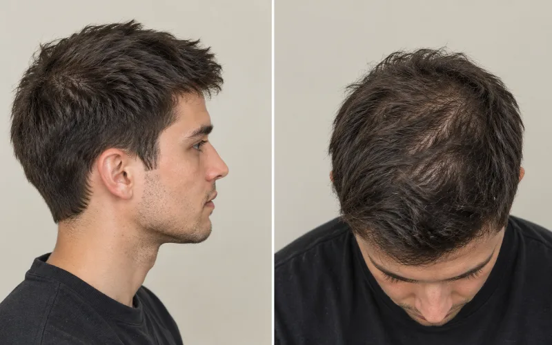 Split image of a man's textured hair shown in side profile and top-down view.