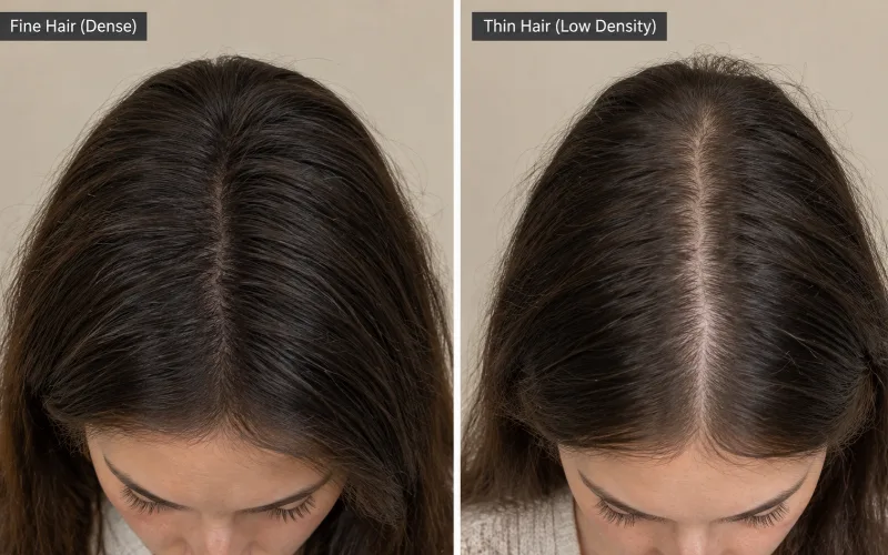 Split image comparing dense fine hair and thin low-density hair at the scalp part.