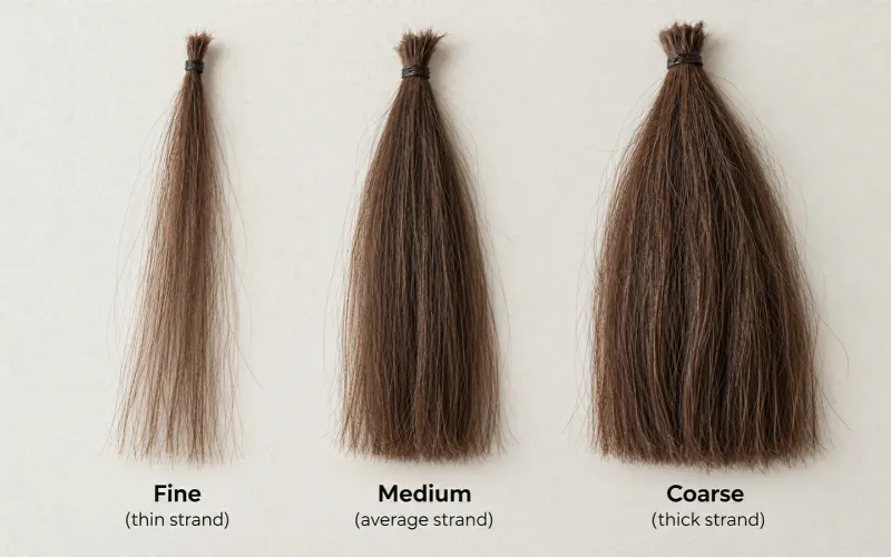 Three hair bundles labeled fine, medium, and coarse showing increasing strand thickness.