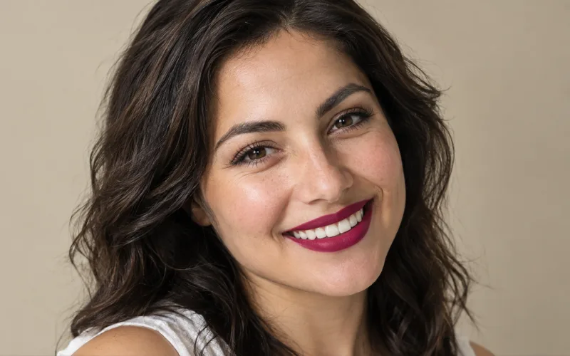 Smiling woman with dark wavy hair and bold magenta lipstick.