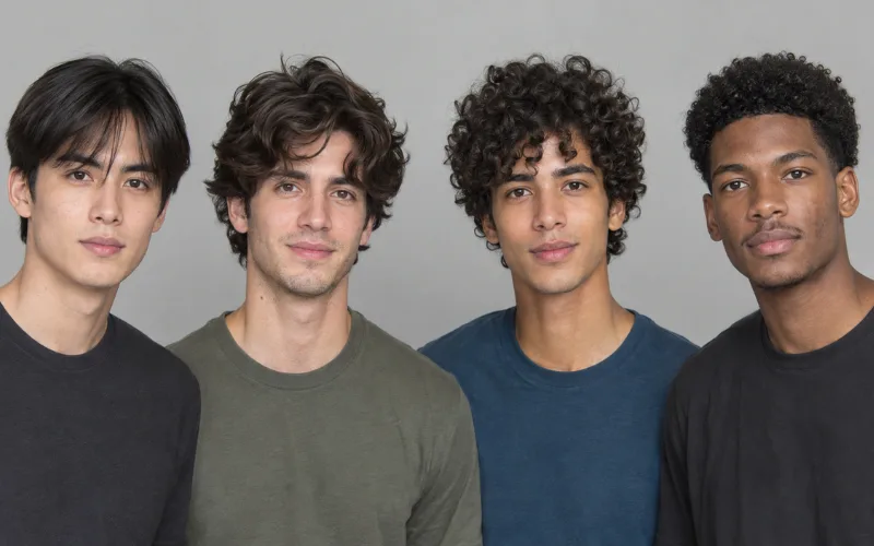Four men side by side showing straight, wavy, curly, and coily hair textures.