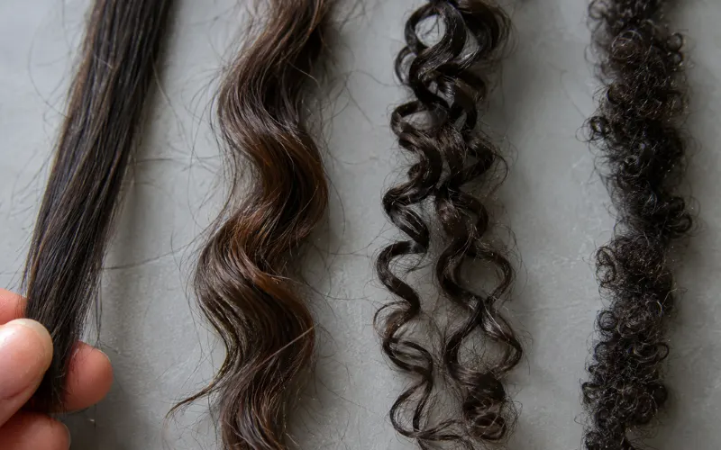 Four natural hair types: straight, wavy, curly, and coily strands on a gray surface.