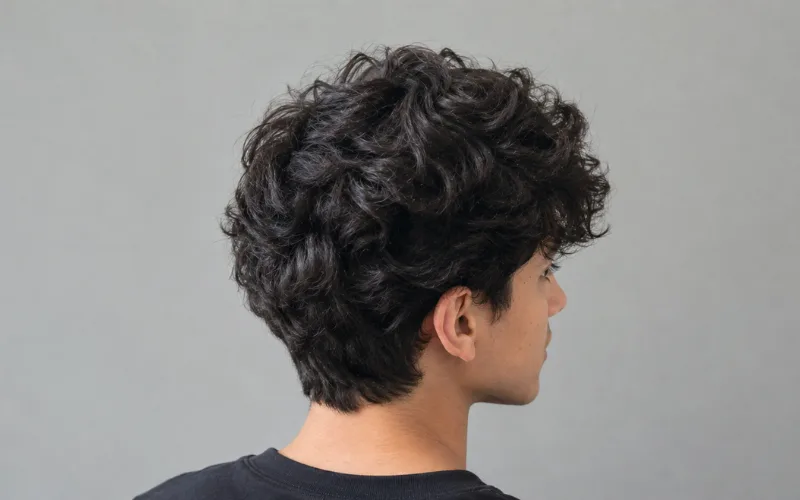 Back view of a man's thick curly hair, wearing a black shirt against a gray background.