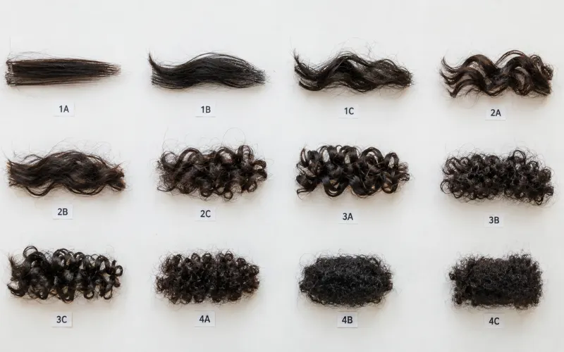 Hair type chart showing 12 hair swatches labeled 1A to 4C, from straight to tightly coiled.