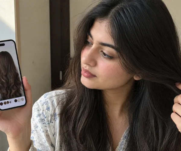 Woman with long dark hair holding a phone showing a hair color comparison app.