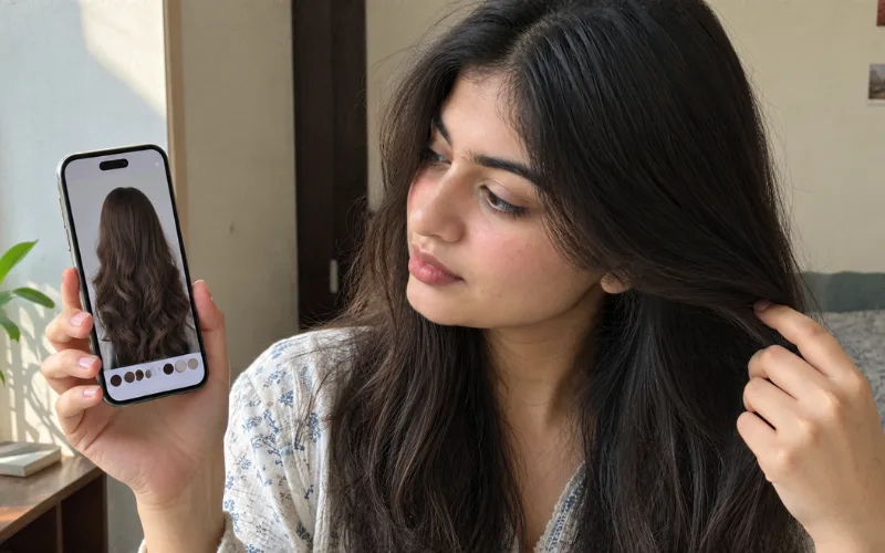 Woman with long dark hair holding a phone showing a hair color comparison app.