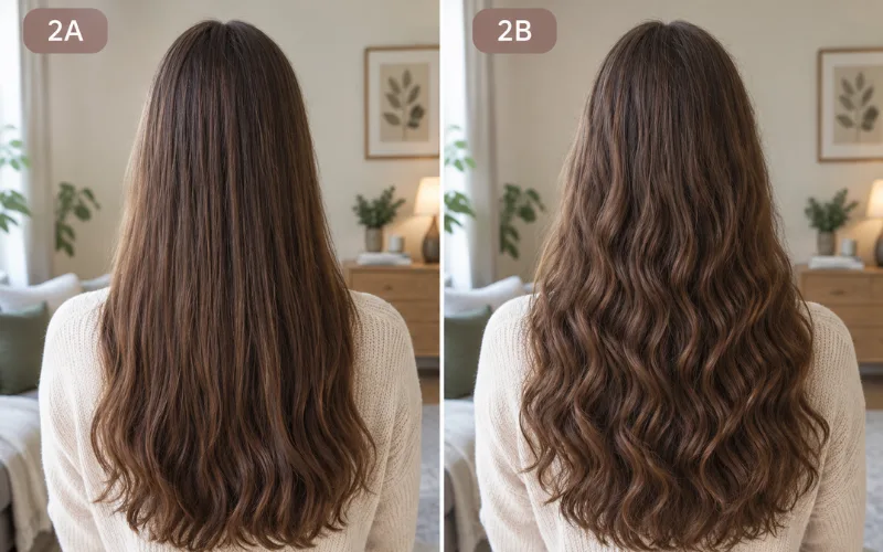 Side-by-side comparison of 2A and 2B wavy brown hair, viewed from the back.