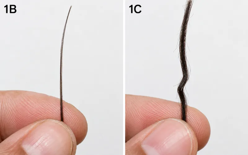 Split comparison of single hair strands showing 1B slight bend versus 1C wavy bend texture.