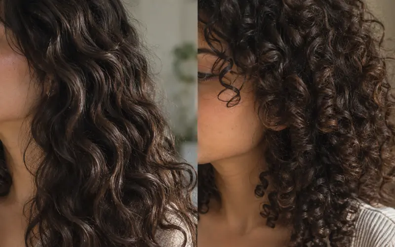 Side-by-side comparison of 2C wavy hair and 3A curly hair, showing defined waves versus springy ringlets.