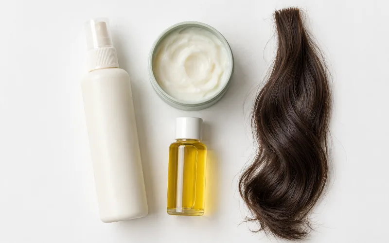 Flat lay of hair care products, a spray bottle, cream and oil, next to a wavy brown hair swatch.