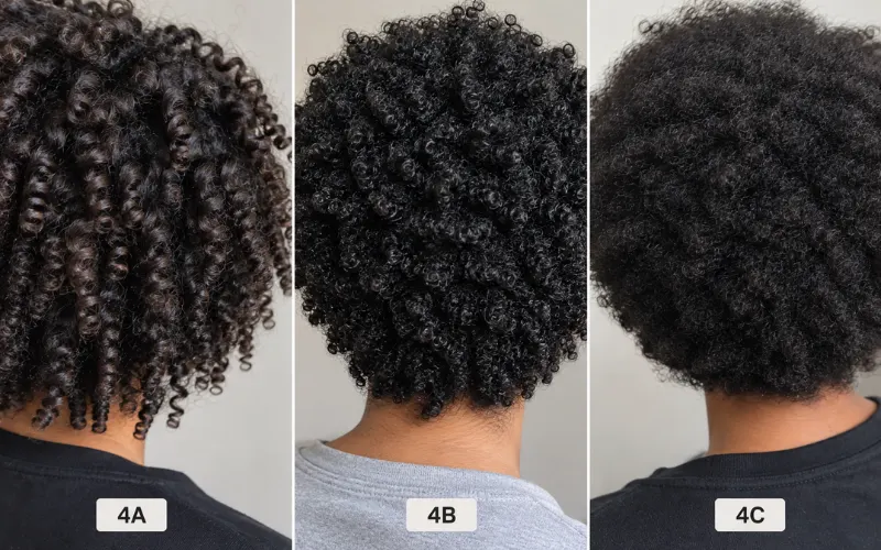Three-panel back-of-head comparison of 4A, 4B, and 4C coily hair textures.
