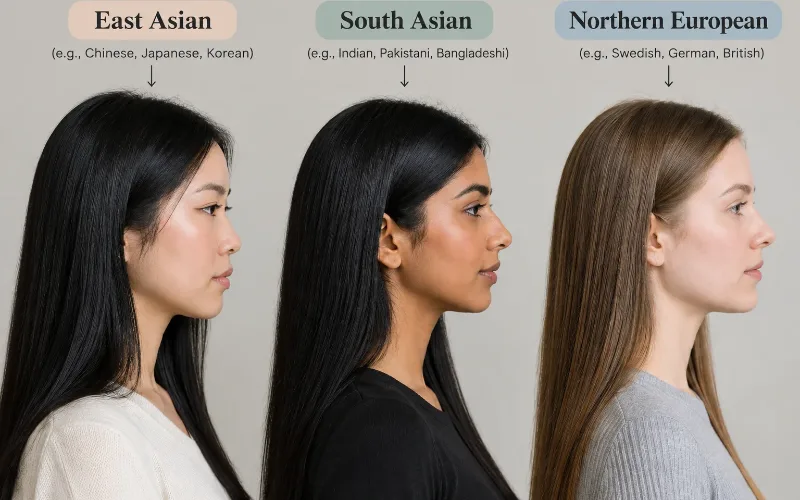 Side-by-side profile comparison of Type 1A straight hair across East Asian, South Asian and Northern European women.