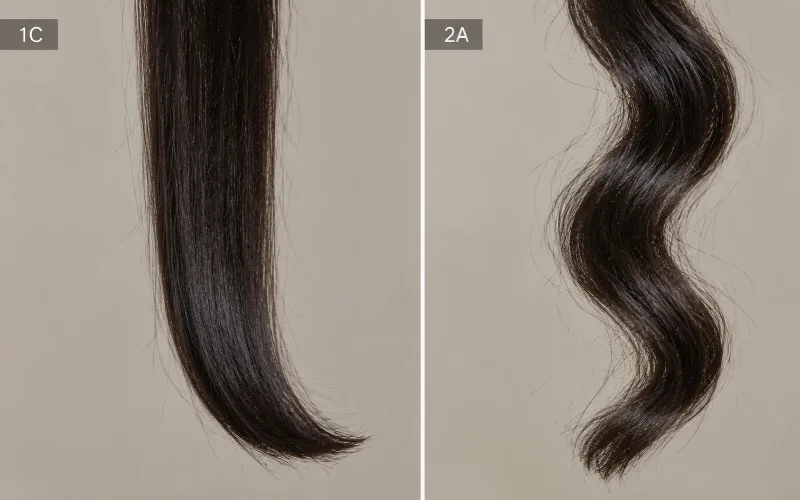 Side-by-side comparison of hair type 1C, nearly straight with a slight kick, and hair type 2A, a loose wave pattern.