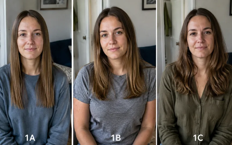 Side-by-side comparison of 1A, 1B, and 1C hair types showing differences in straightness and wave.