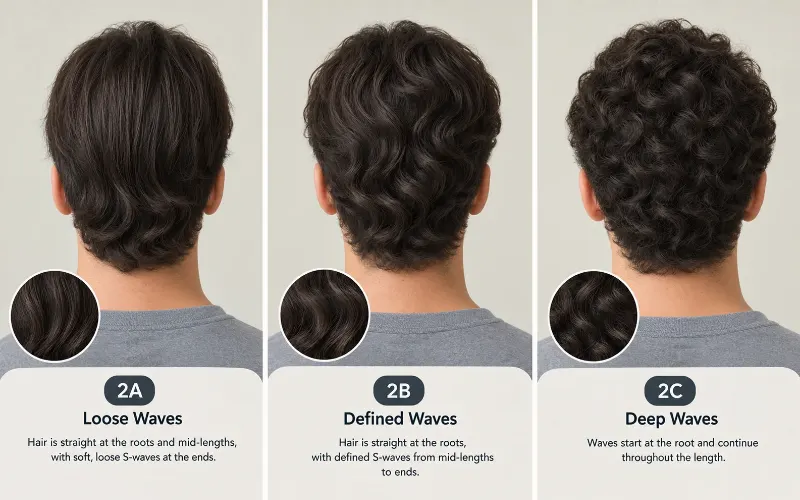 Back-of-head views of three men labeled 2A, 2B, 2C showing loose to deep wave patterns, with close-up insets.