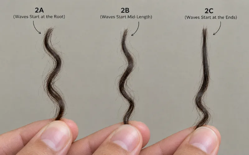 Fingers holding three wavy hair strands labeled 2A, 2B, and 2C showing where waves begin.