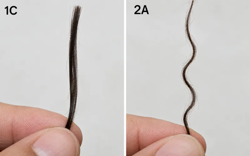 Split comparison of single hair strands showing 1C wavy bend versus 2A defined S-shaped wave.