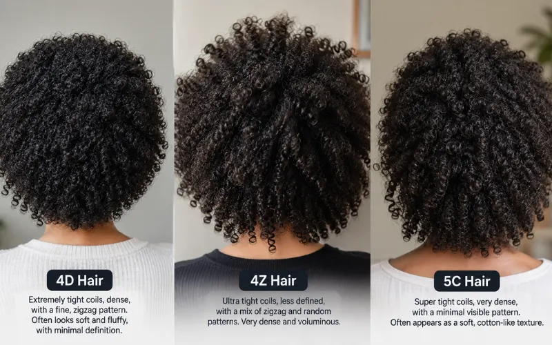 Three-panel back-of-head comparison of 4D, 4Z, and 5C coily hair textures.