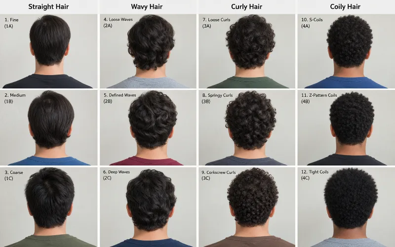 Grid of 12 back-of-head photos showing men's hair types 1A to 4C, organized by straight, wavy, curly, and coily columns.