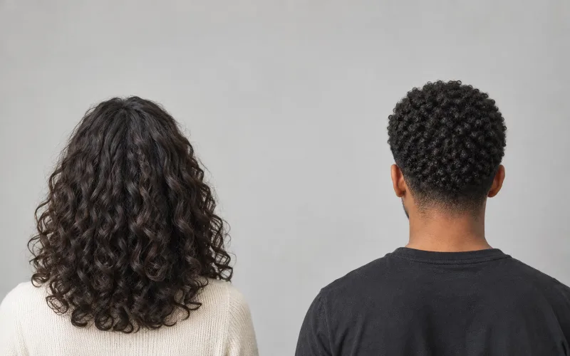 Back view of a woman with long defined curls and a man with short tight curls.
