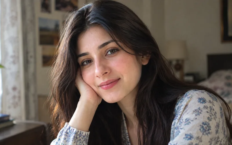 Woman smiling with natural, healthy-looking skin and dark hair by a sunlit window.