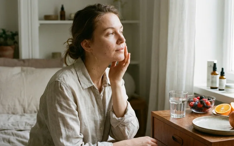 Woman touching her cheek beside a window with fruit and skincare products.