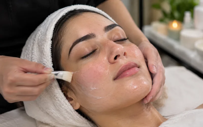 Woman receiving a hydrating facial treatment at a spa.