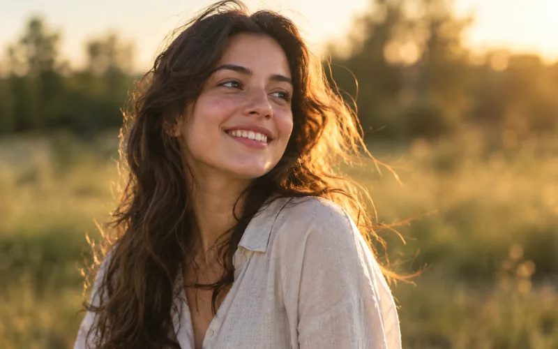 Smiling woman enjoying golden hour outdoors.
