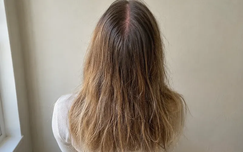 Woman with long light brown hair, visible center part, and dry frizzy ends.