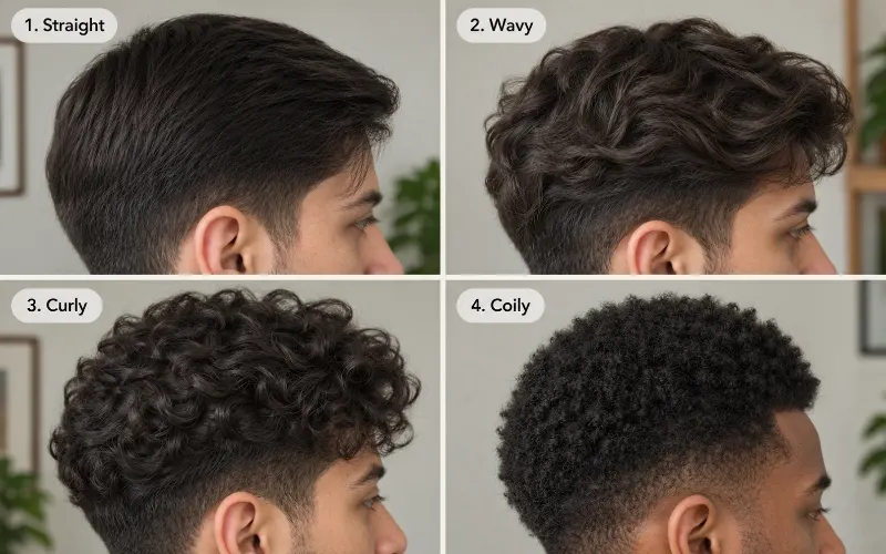 Four-panel grid of men's fade haircuts labeled straight, wavy, curly, and coily.