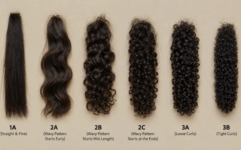Six hair swatches labeled 1A to 3B showing straight, wavy, and curly textures.