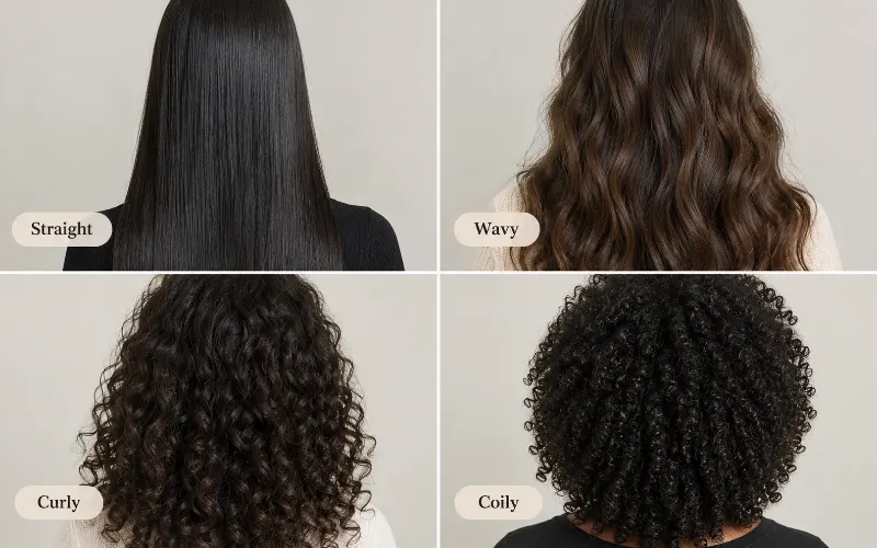 Four-panel grid showing straight, wavy, curly and coily hair types from behind on different women.