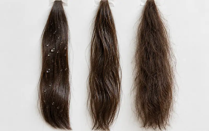 Three taped hair swatches showing water beading, slight wave and frizzy texture side by side.