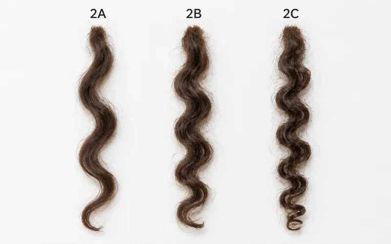 Three hair strand swatches labeled 2A, 2B and 2C showing increasingly defined wave patterns.
